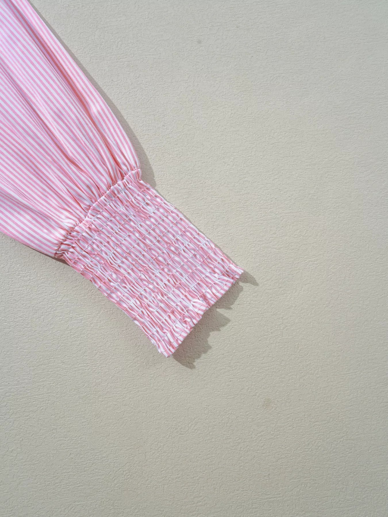 Pinstripe Long Sleeve Smocked Cuffs Button Shirt Collar Blouse Simmer & Fay