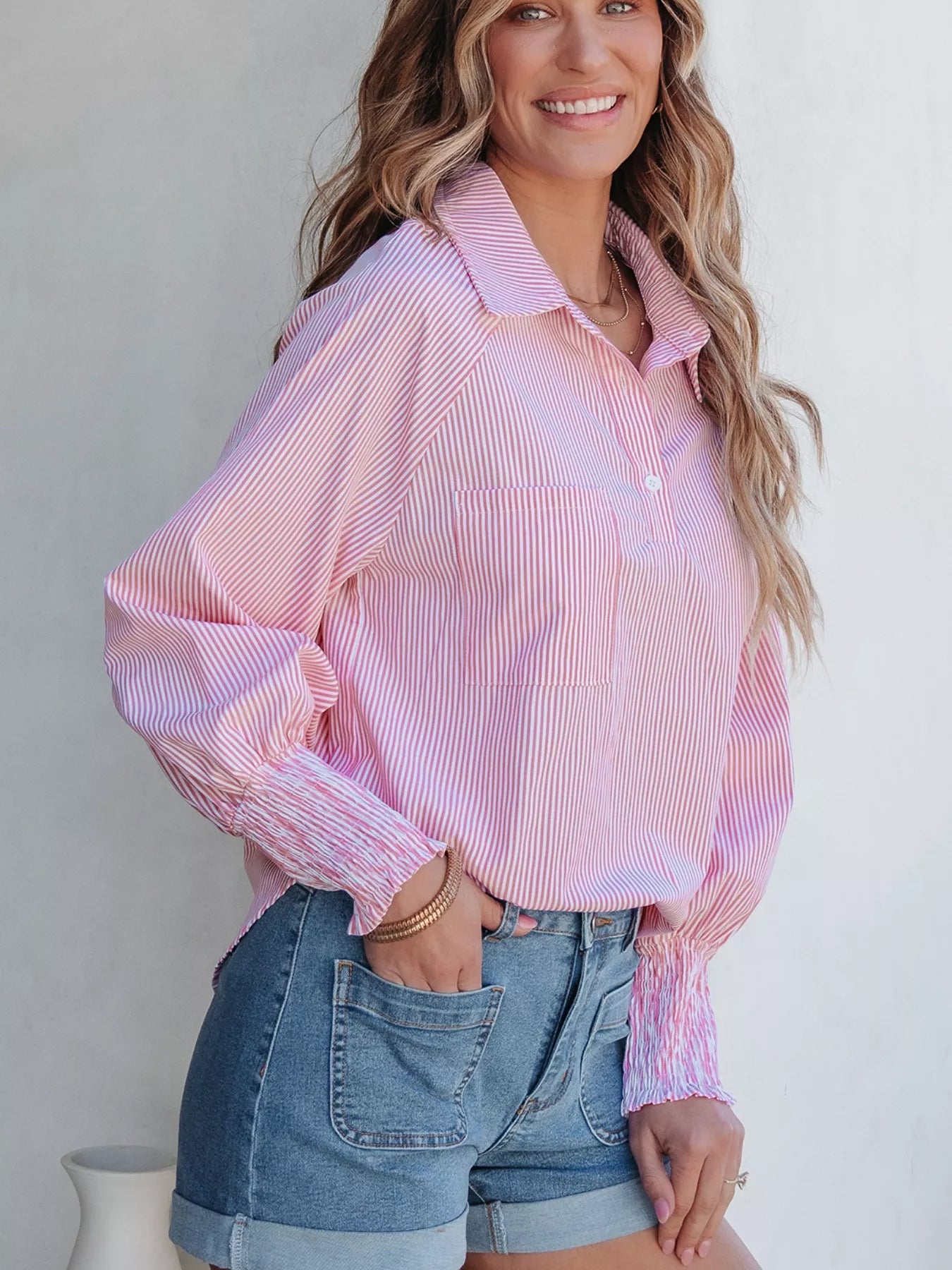 Pinstripe Long Sleeve Smocked Cuffs Button Shirt Collar Blouse Simmer & Fay