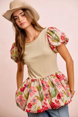 Floral Printed Bubble Sleeves and Hem Peplum Top BiBi