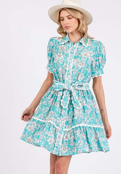 Vintage Floral Scalloped Mini Shirt Dress Sage + Fig