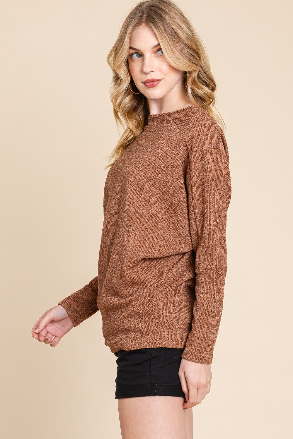 Drop Shoulder Long Sleeve Knit Top BomBom   