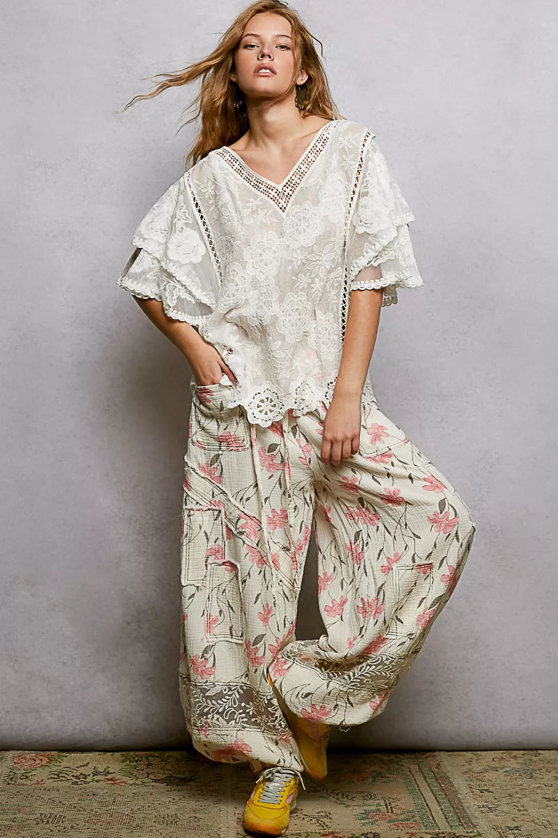 Floral Crochet V-Neck Short Sleeve Blouse with Scalloped Hem POL