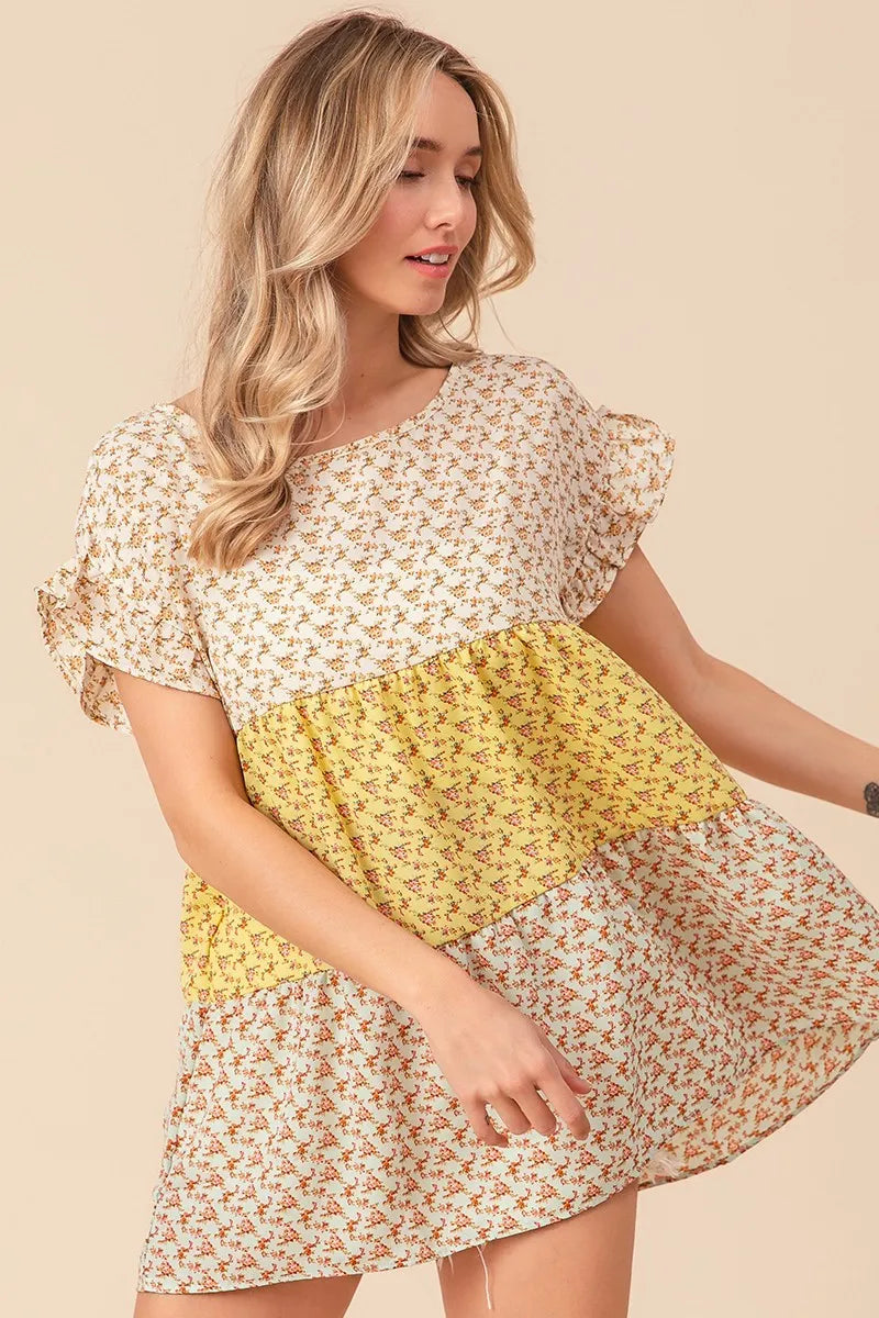 Floral Printed Woven Color Block and Tiered Top BiBi