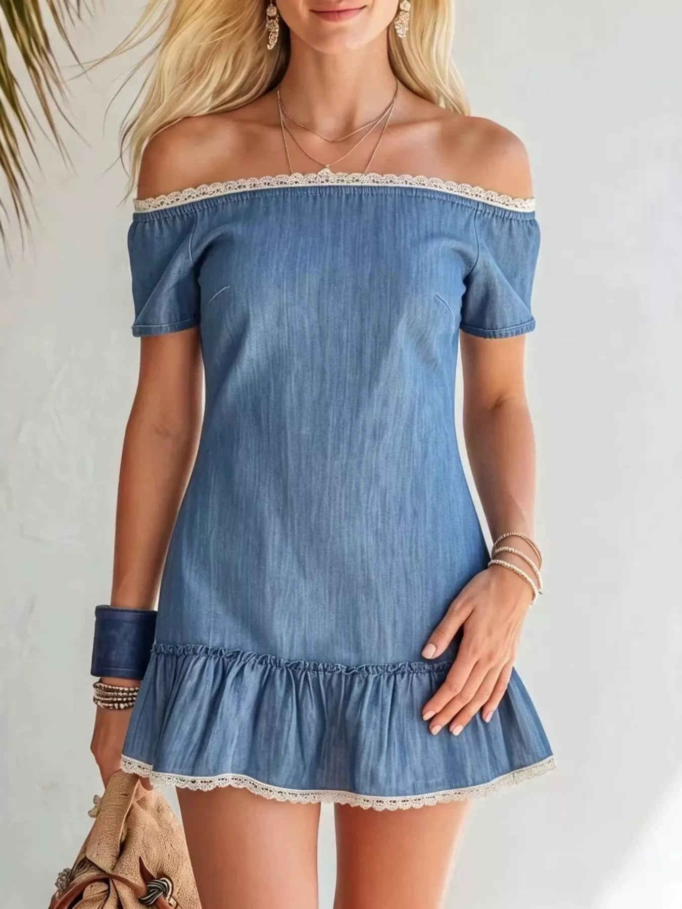 Lace Detail Off Shoulder Mini Dress Simmer & Fay Blue S