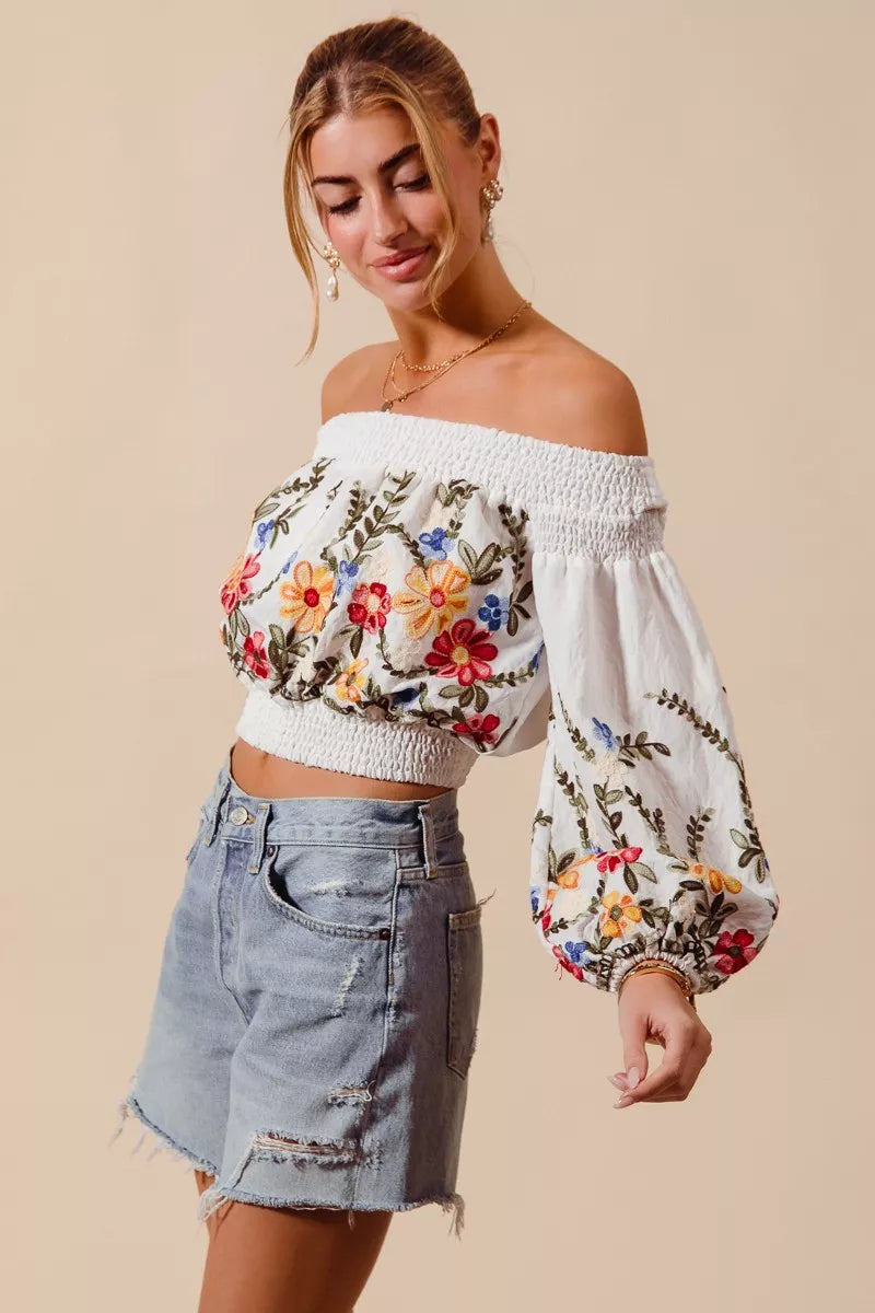 Floral Embroidered Off The Shoulder Crop Top So Me