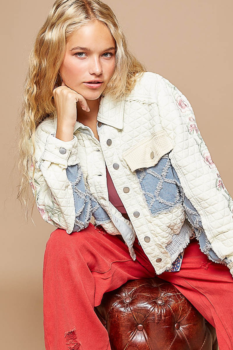 Embroidered Sleeve Raw Edge Quilted Jacket POL   