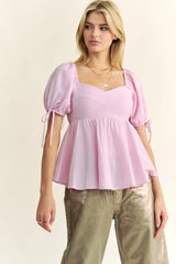 Solid Elastic Peplum Puffed Sleeves Blouse Davi & Dani BABY PINK S