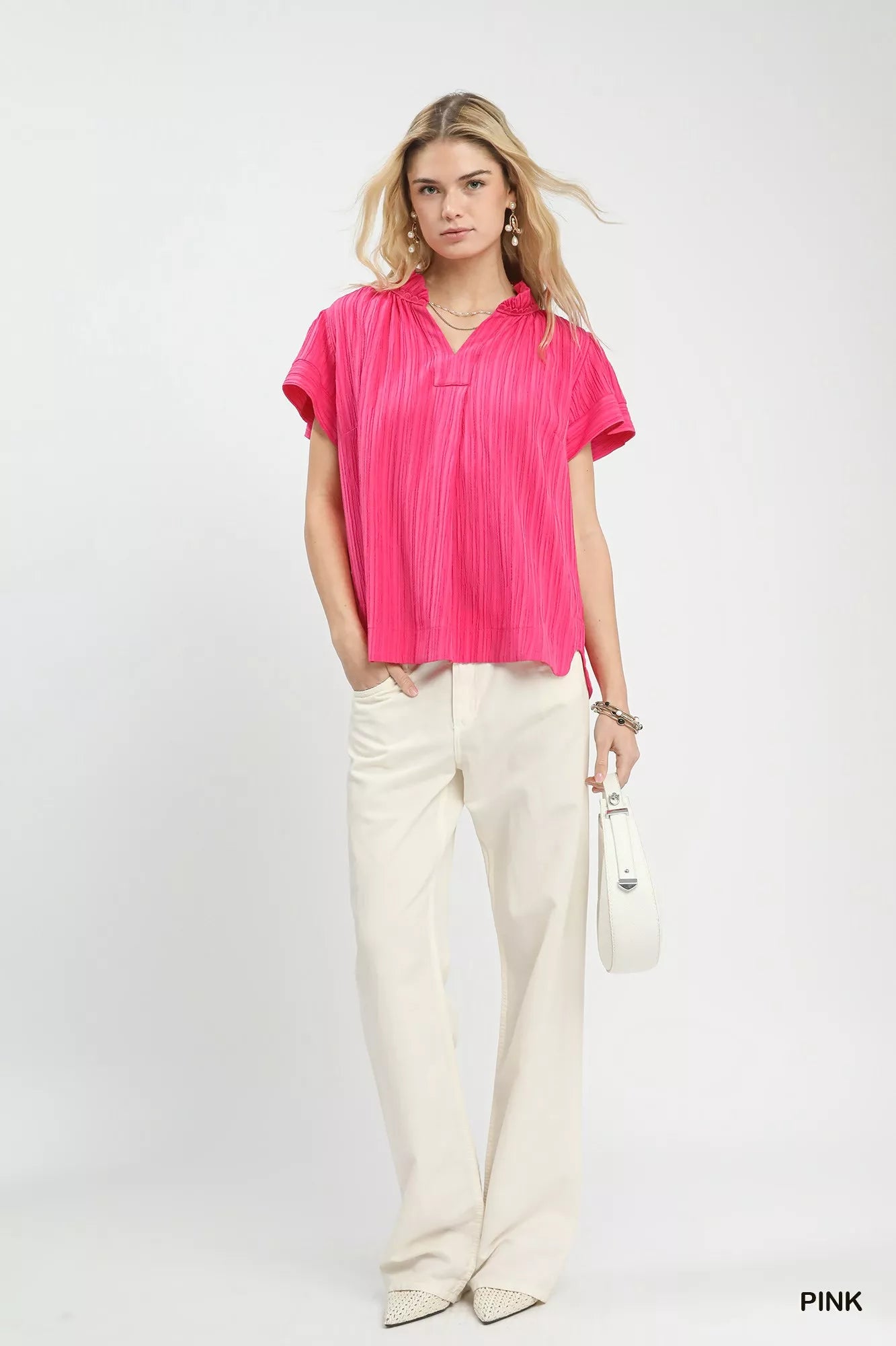 Texture Flutter Sleeve Notched Blouse Umgee