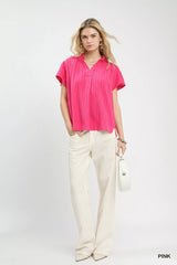 Texture Flutter Sleeve Notched Blouse Umgee