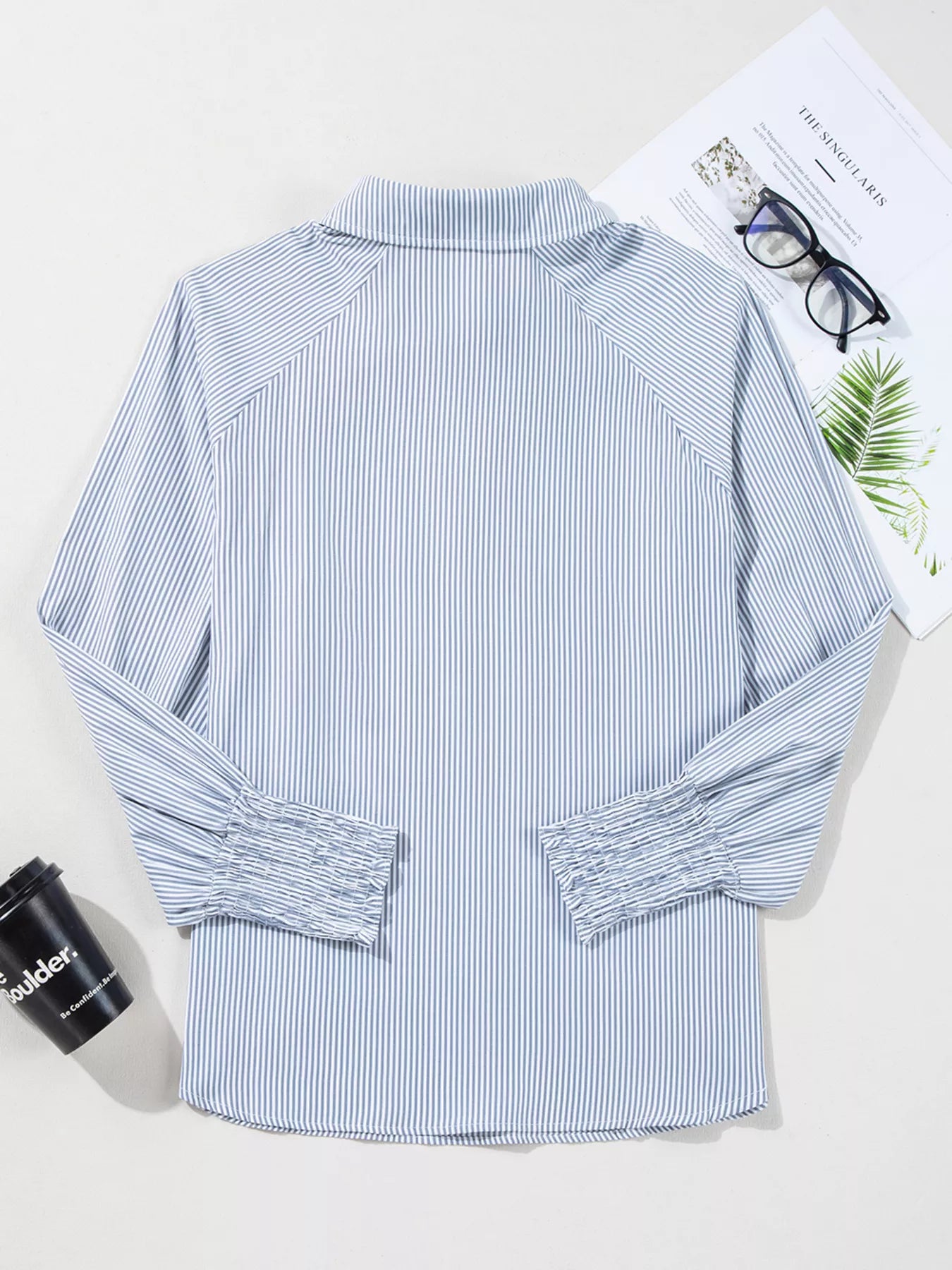 Pinstripe Long Sleeve Smocked Cuffs Button Shirt Collar Blouse Simmer & Fay