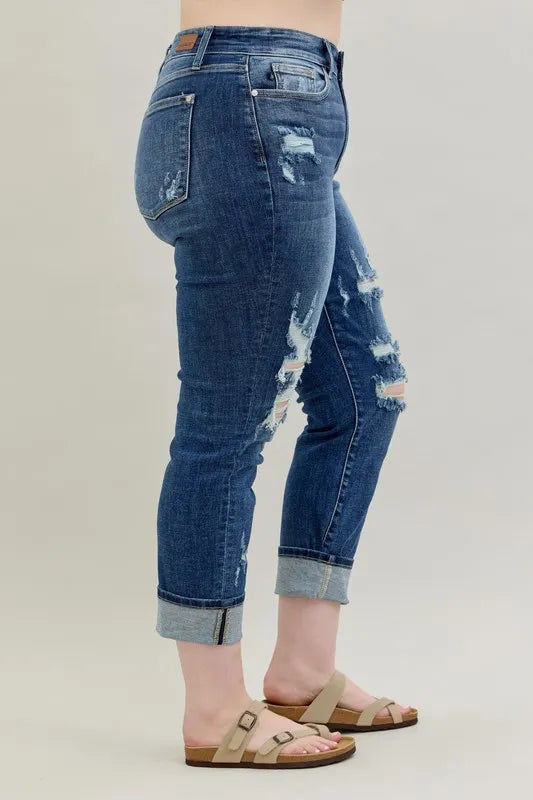 Mid Rise Cuffed Destroy Bf Jeans With Plus Size Judy Blue