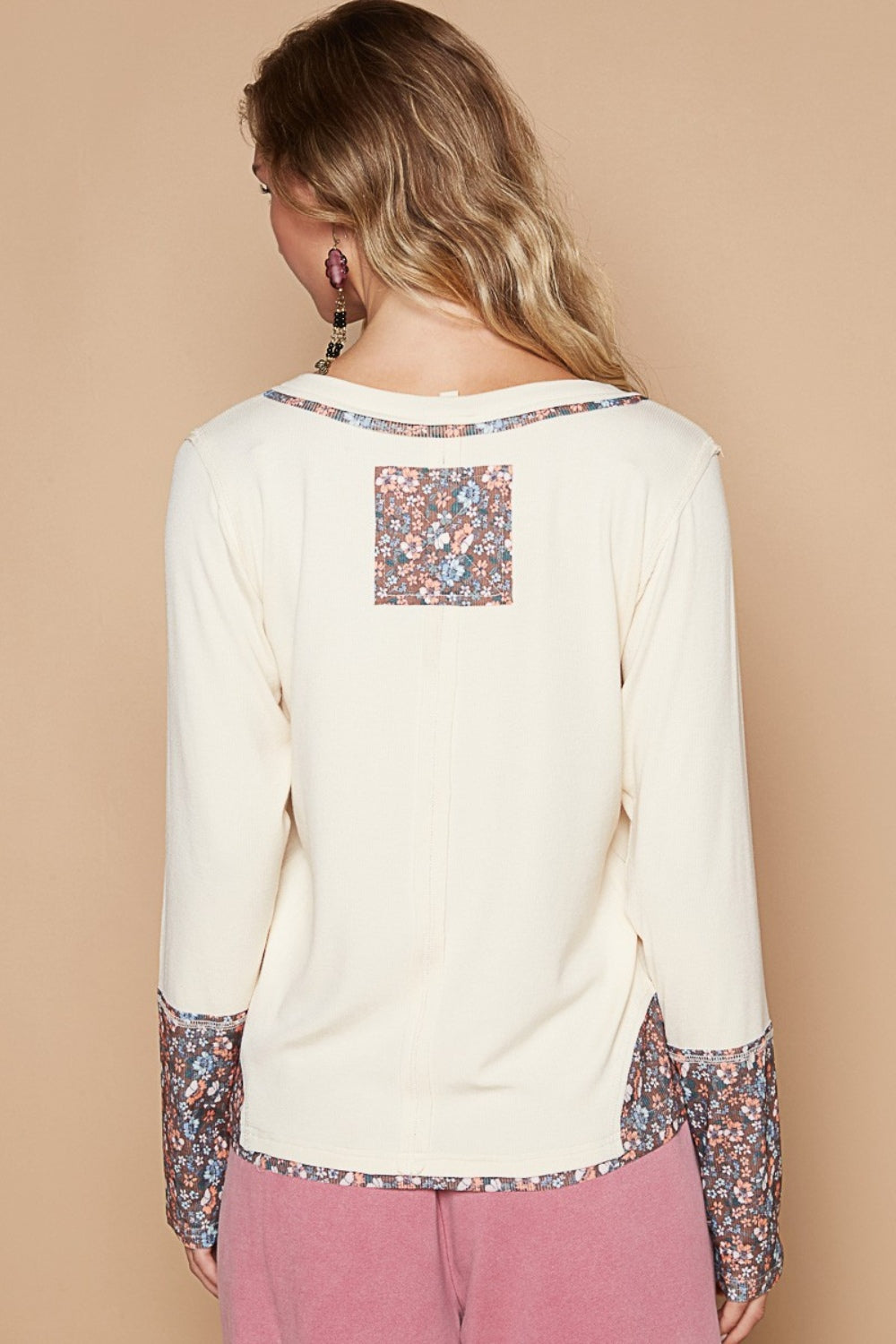 V-Neck Long Sleeve Floral Number Patch T-Shirt POL   