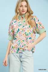 Floral Print Jacquard Ruffle Top Umgee GREEN MIX S