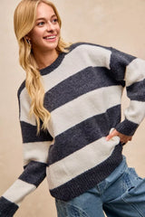 Wide Stripe Fuzzy Knit Round Neck Sweater BiBi