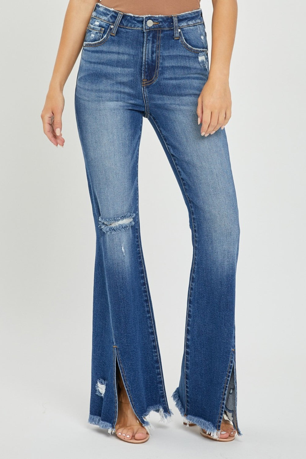 Full Size High Rise Front Slit Frayed Hem Flare Jeans Risen   