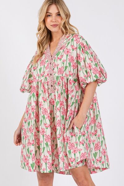 Floral Half Button Notched Puff Sleeve Dress Sage + Fig