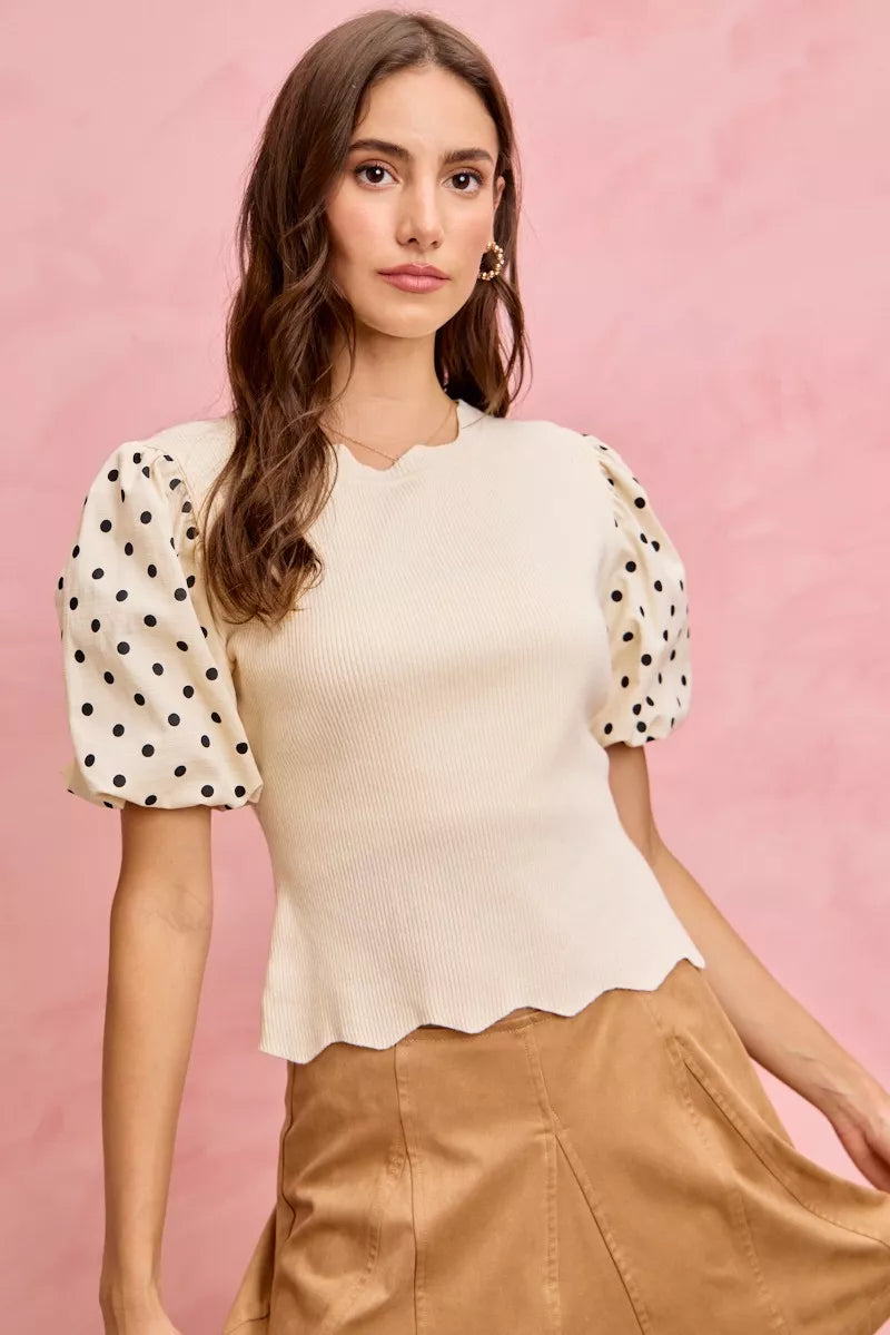 SO ME Polka Dot Contrast Woven Ballon Sleeve Blouse Trendsi