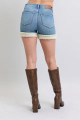 Tummy Control Shearling Cuff Denim Short With Plus Size Judy Blue