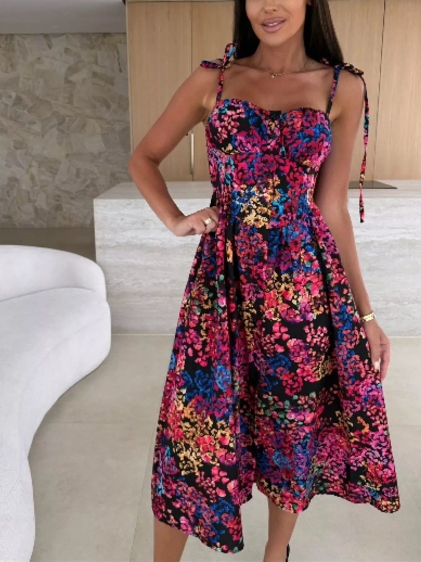 Printed Tie-Strap Midi Dress Simmer & Fay