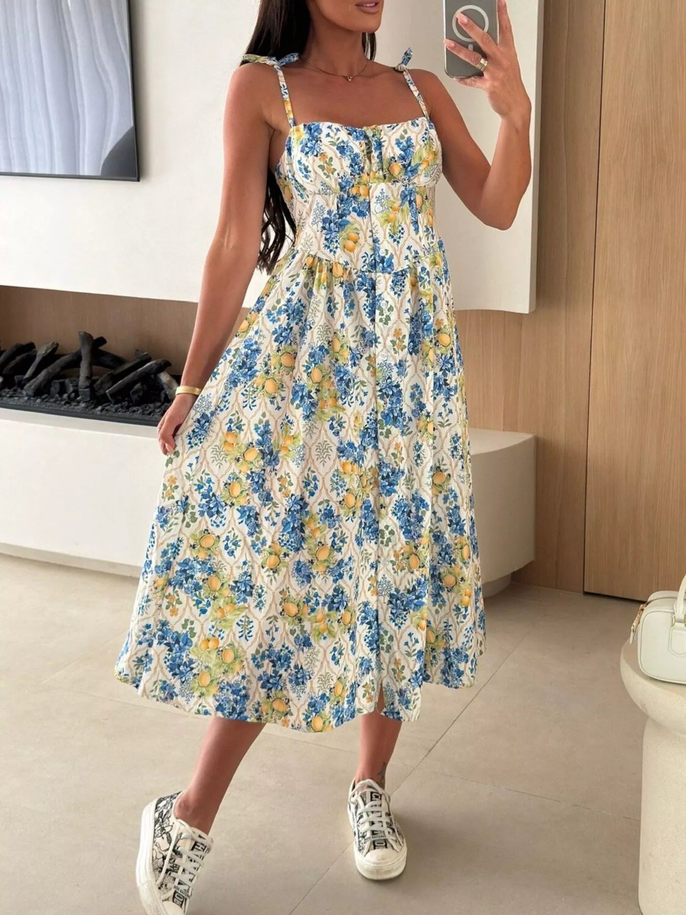 Printed Tie-Strap Midi Dress Simmer & Fay
