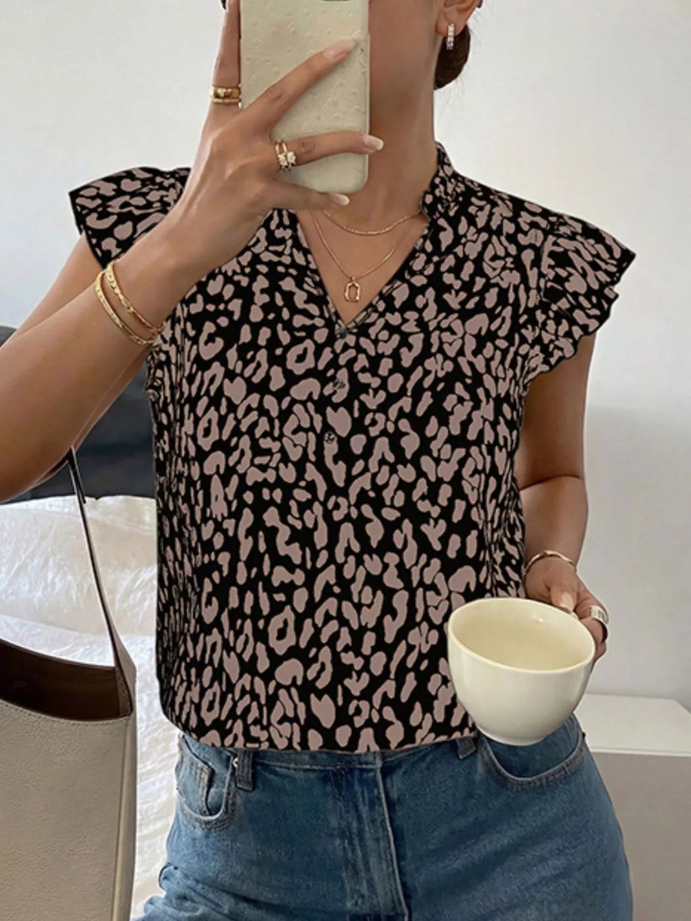 Leopard Print Ruffle Sleeve Blouse Simmer & Fay