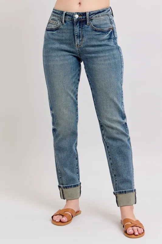 Mid Rise Vintage Wash Double Roll Cuff Boyfriend Jeans with Plus Size Judy Blue