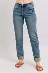 Mid Rise Vintage Wash Double Roll Cuff Boyfriend Jeans with Plus Size Judy Blue