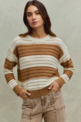 Openwork Round Neck Wide Stripe Textured Sweater So Me CREAM/TAUPE S