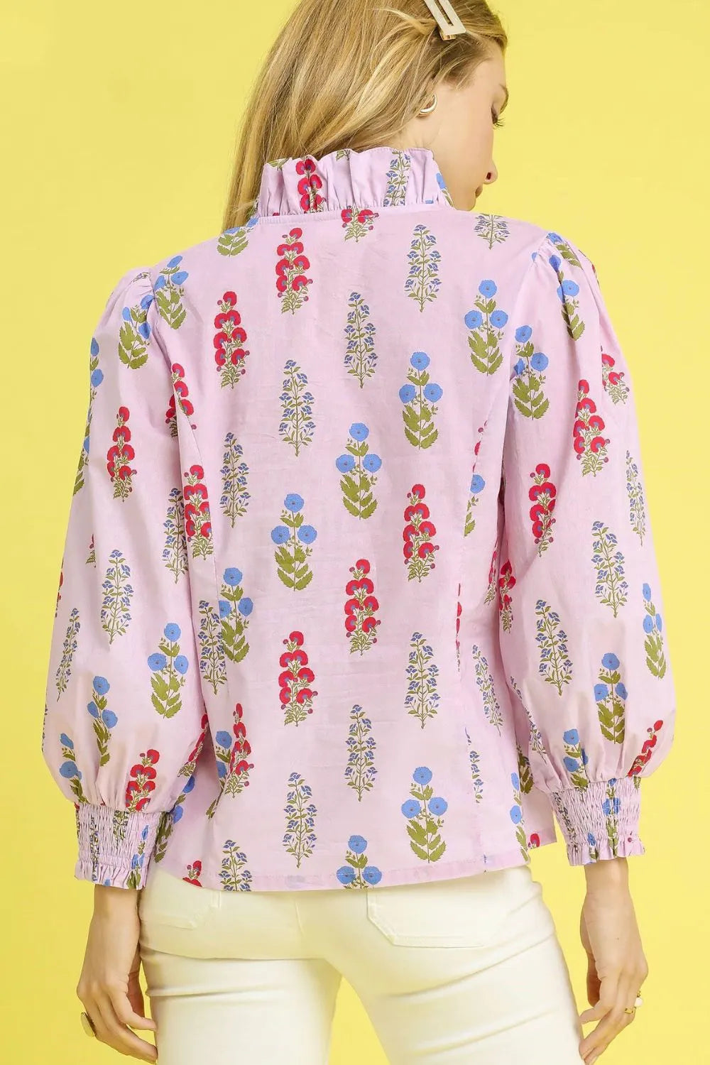 Floral Print Lantern Sleeve Button Down Shirt Umgee