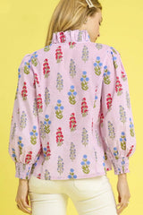 Floral Print Lantern Sleeve Button Down Shirt Umgee