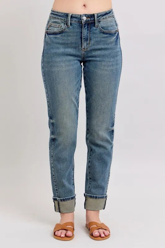 Mid Rise Vintage Wash Double Roll Cuff Boyfriend Jeans with Plus Size Judy Blue MD 0(24)
