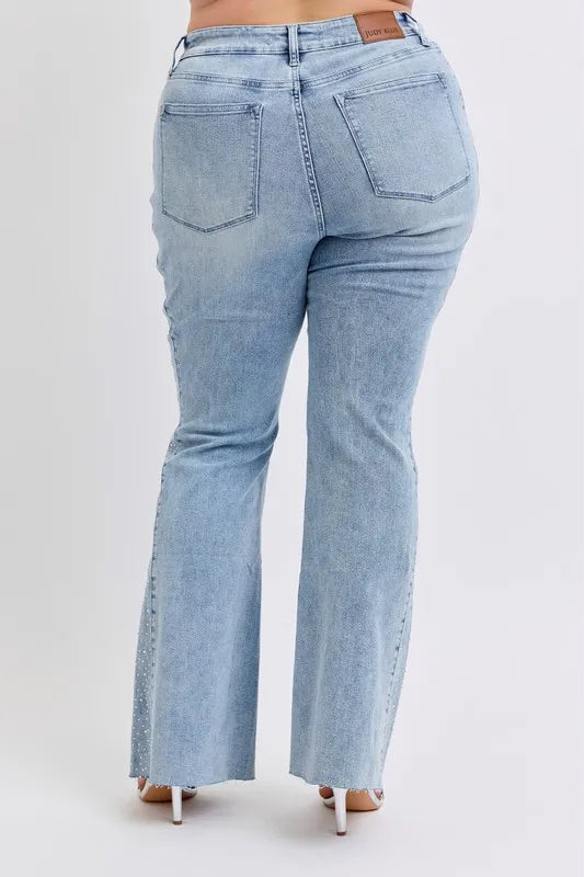 Mid Rise Rhinestone Side Panel Detail Flare Jeans Judy Blue
