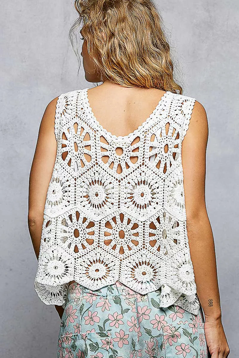 Boho Floral Crochet Sweater Vest with Scalloped Edge POL