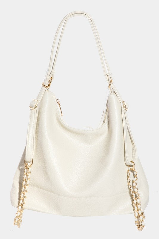 Faux Leather Hobo Bag with Gold Chain Detail Fame Ivory One Size 