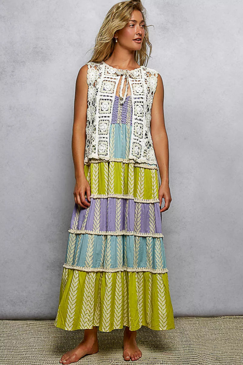 POL Tie Front Floral Pattern Crochet Vest with Scalloped Edge Trendsi