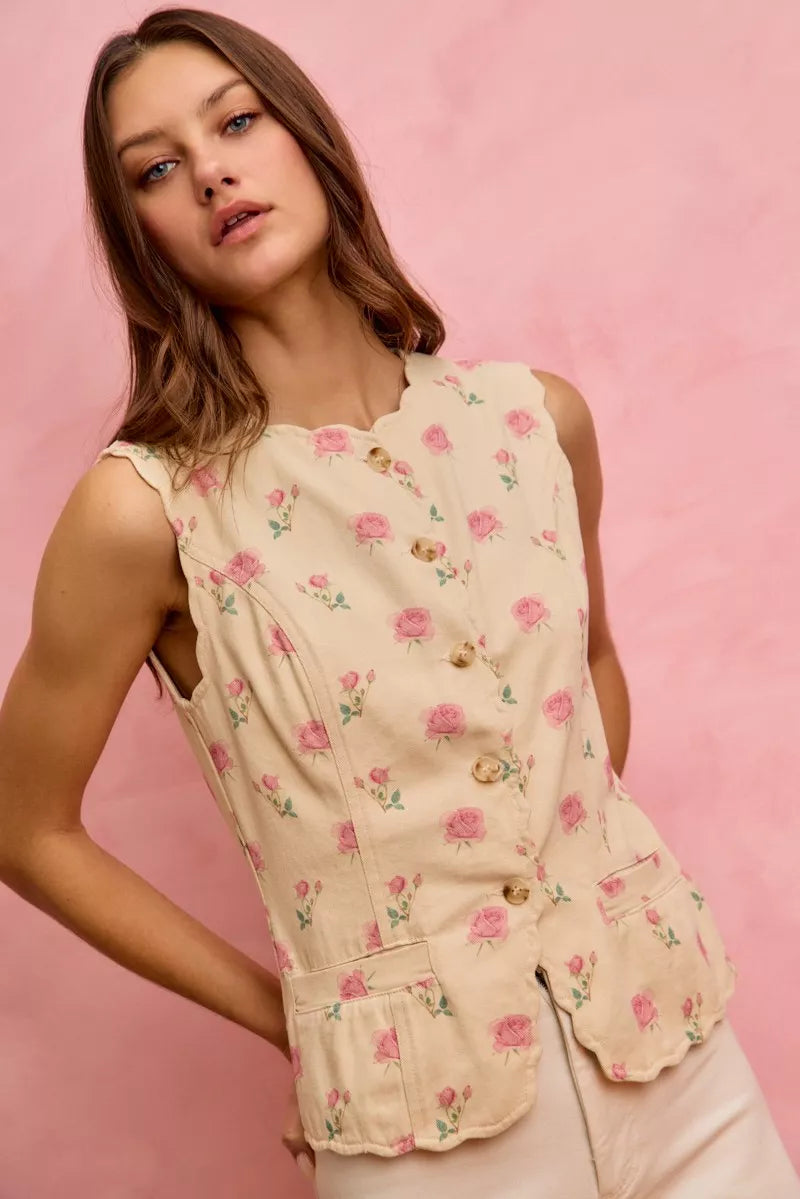 SO ME Floral Rose Cotton Twill Scallop Button Vest Top Trendsi