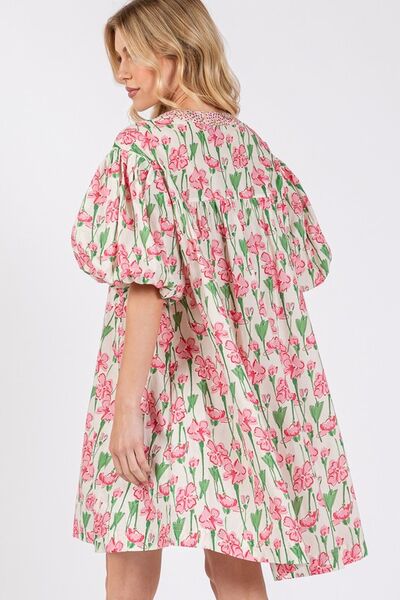 Floral Half Button Notched Puff Sleeve Dress Sage + Fig