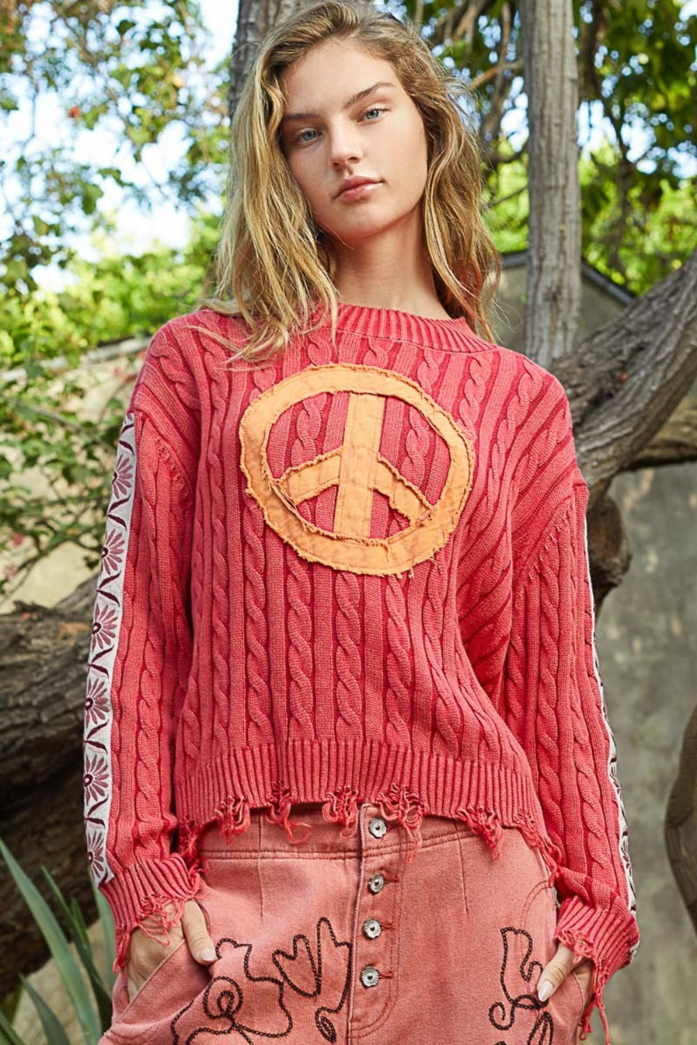 Washed Peace Patch Cable Knit Sweater POL   