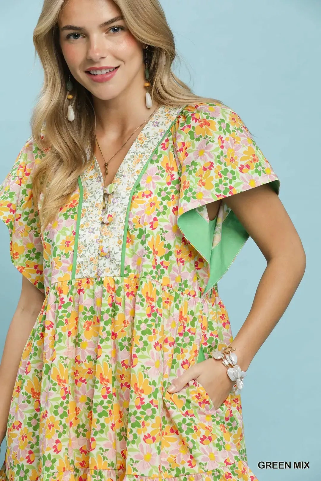 Mix Floral Tiered Mini Dress with Side Pockets Umgee