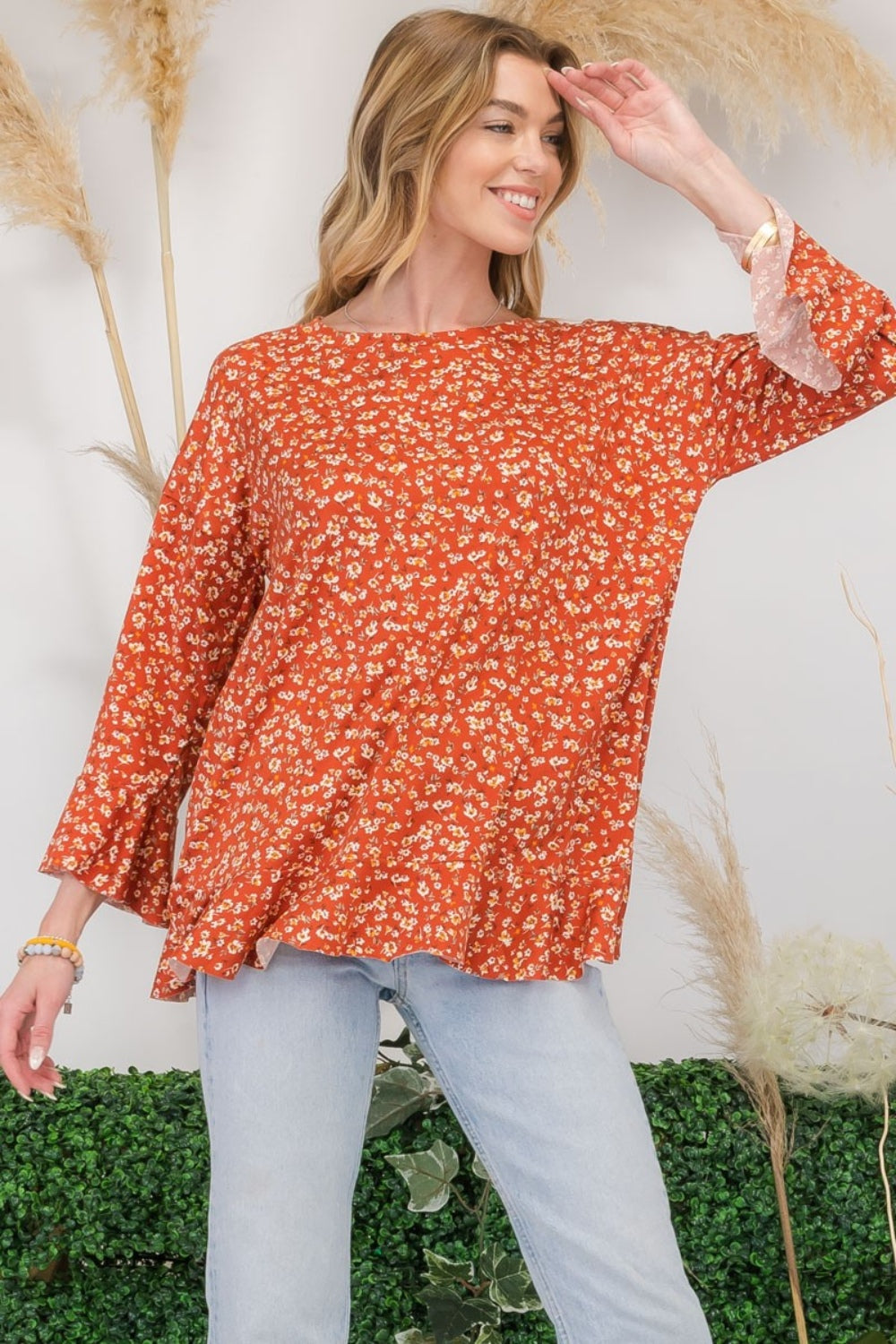 Bell Sleeve Floral Ruffle Detail Top Celeste   