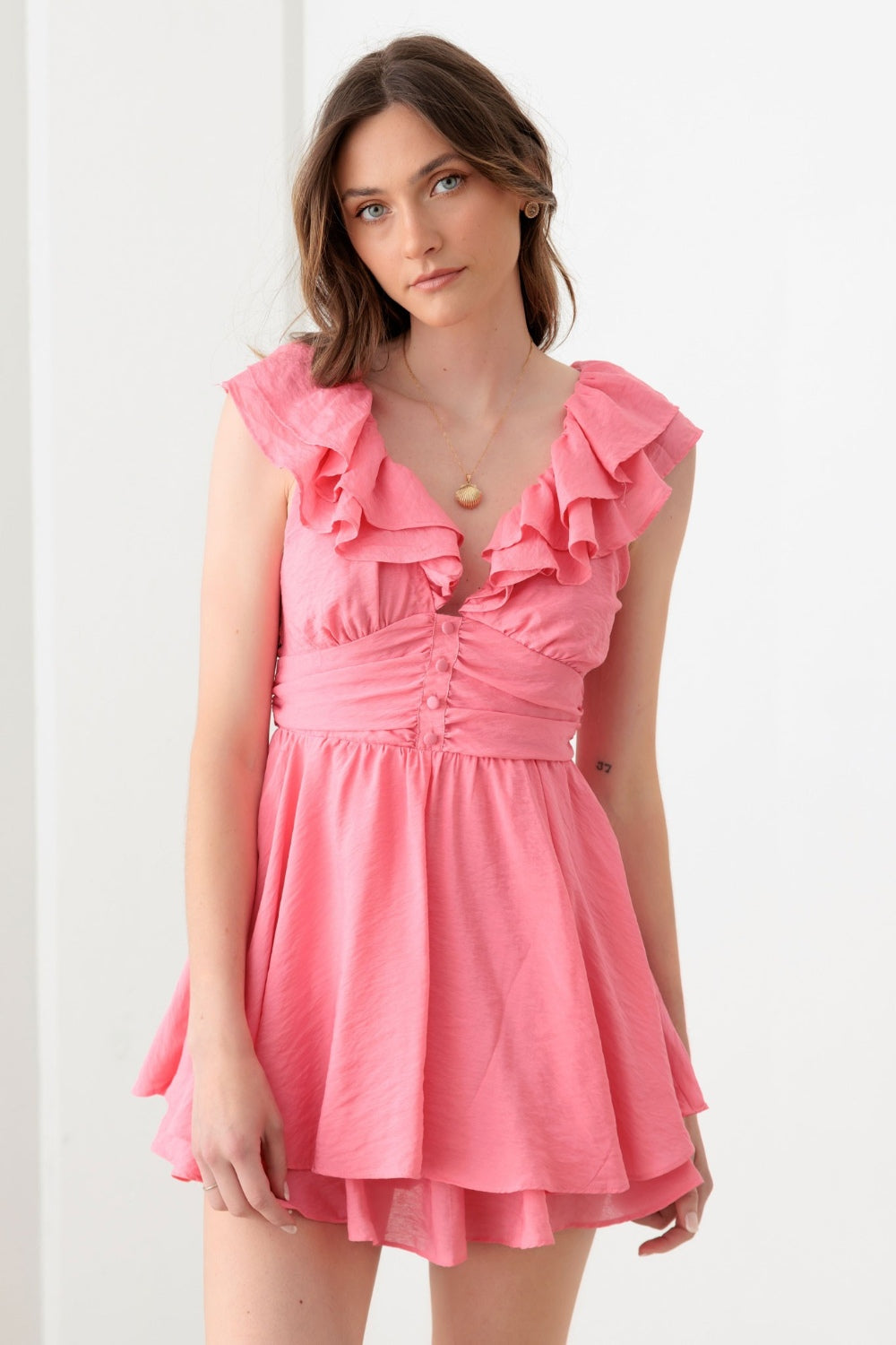 Tie Back Front Button Ruffled Romper Mustard Seed Doll Pink S 