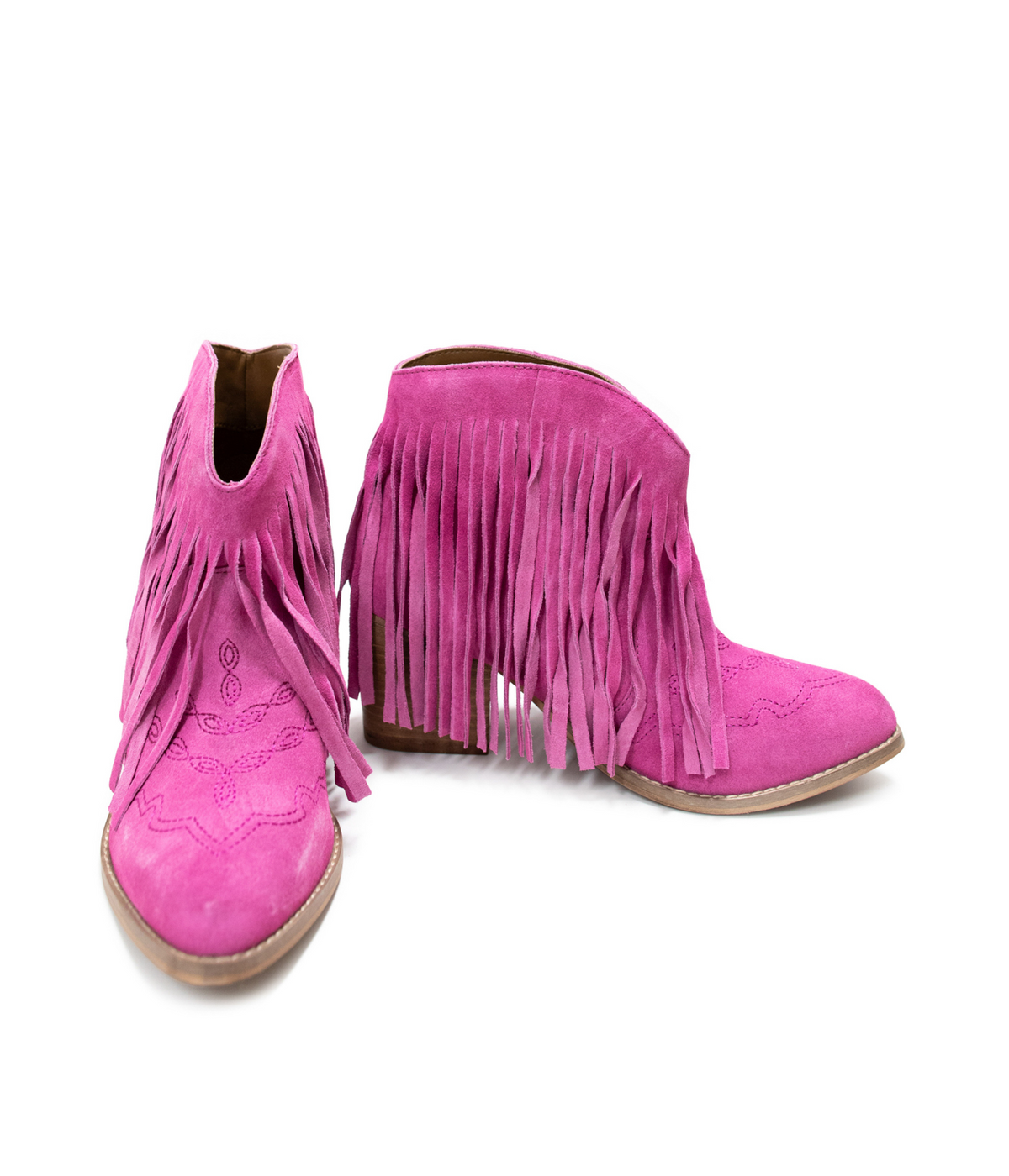 Amos Fringe Ankle Bootie in Magenta Suede Naughty Monkey   