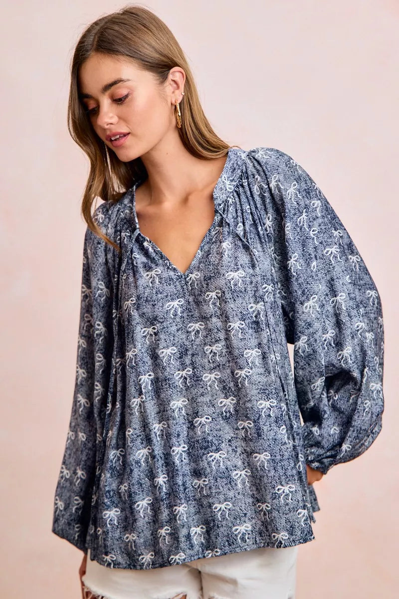 Ribbon Bow Print Exaggerated Balloon Sleeves Top BiBi