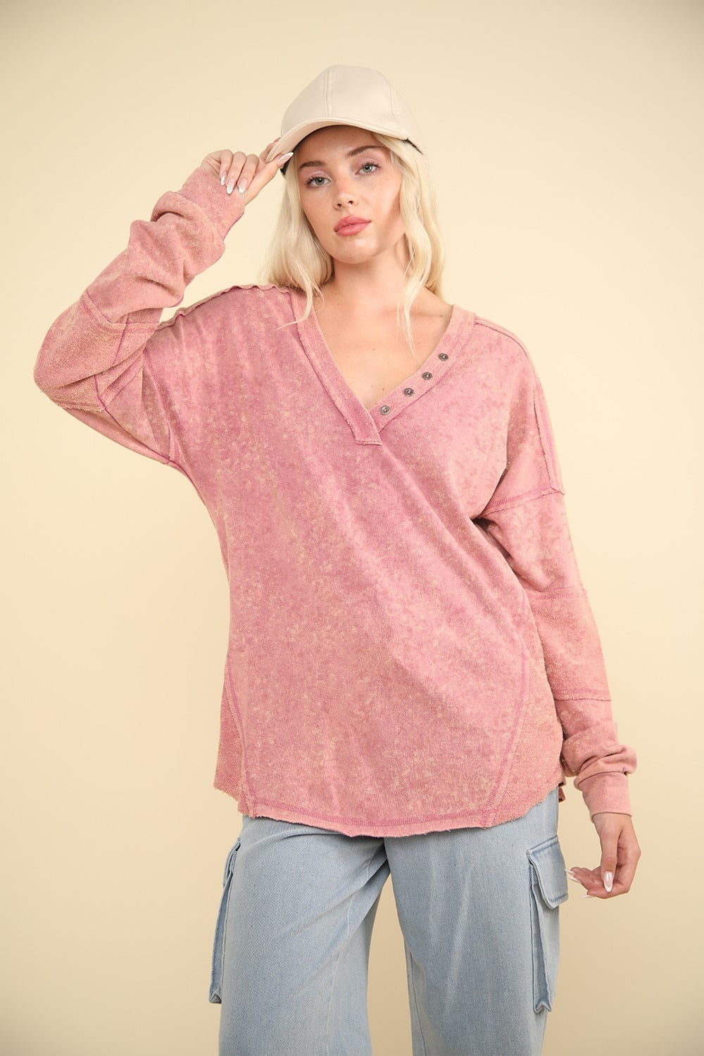 Washed V-Neck Exposed Seam Knit Top Very J Mauve S 