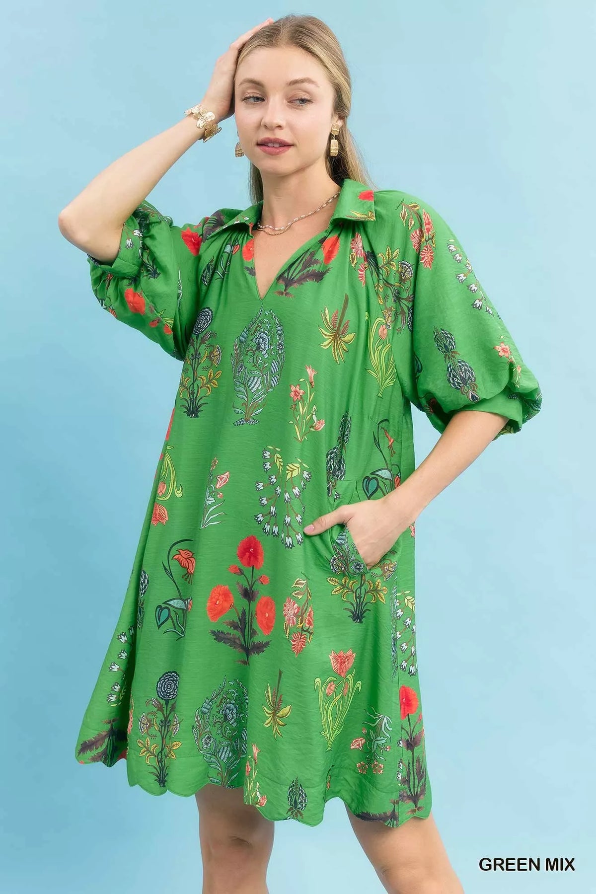 Floral Encyclopedia Print Mini Dress Umgee GREEN MIX S