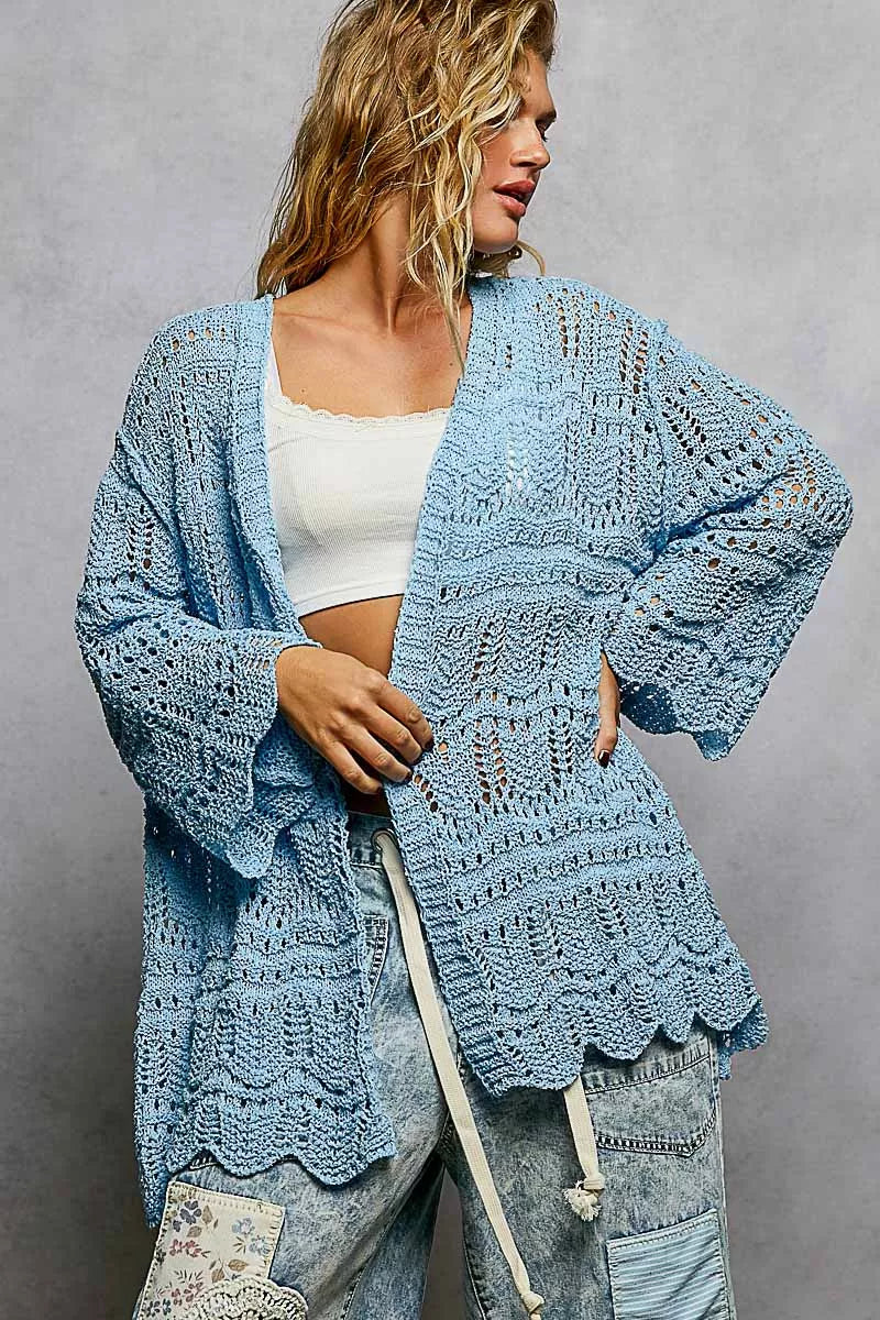Openwork Lightweight Open Front Cardigan with Scalloped Edge POL