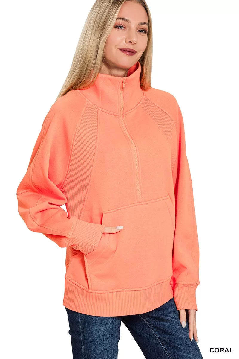 Half Zip Fleece Sweatshirt with kangaroo Pocket ZENANA