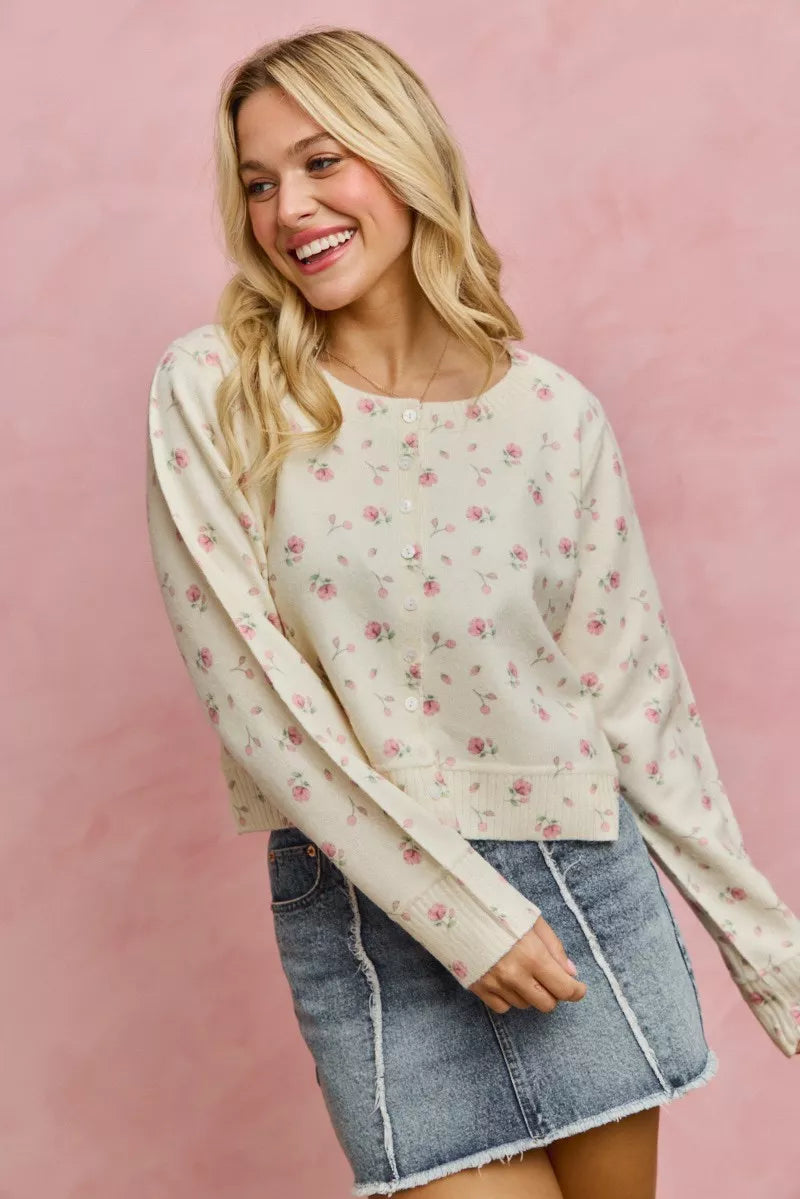 Floral Print Button Down Sweater Cardigan So Me