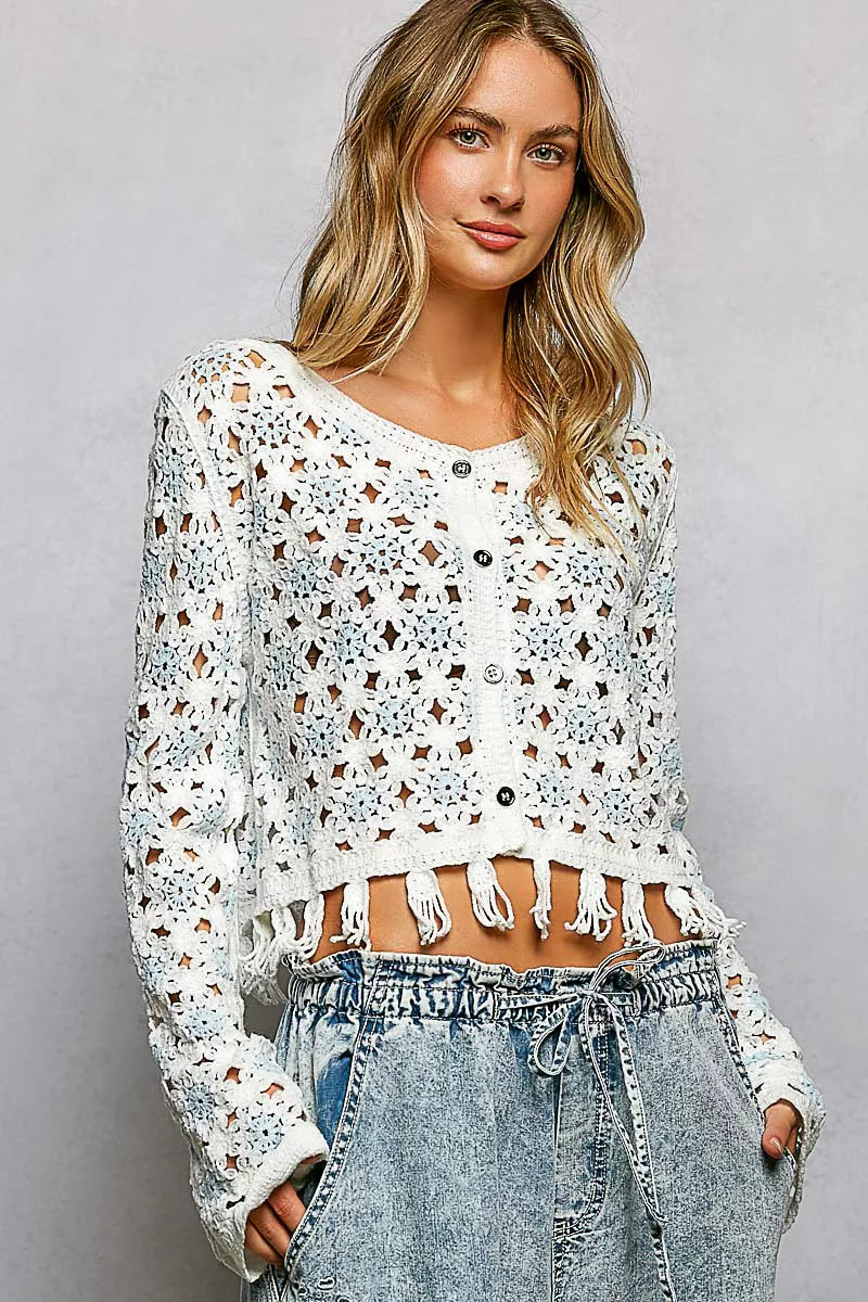 Openwork Floral Crochet Cardigan with Tassel Hem POL