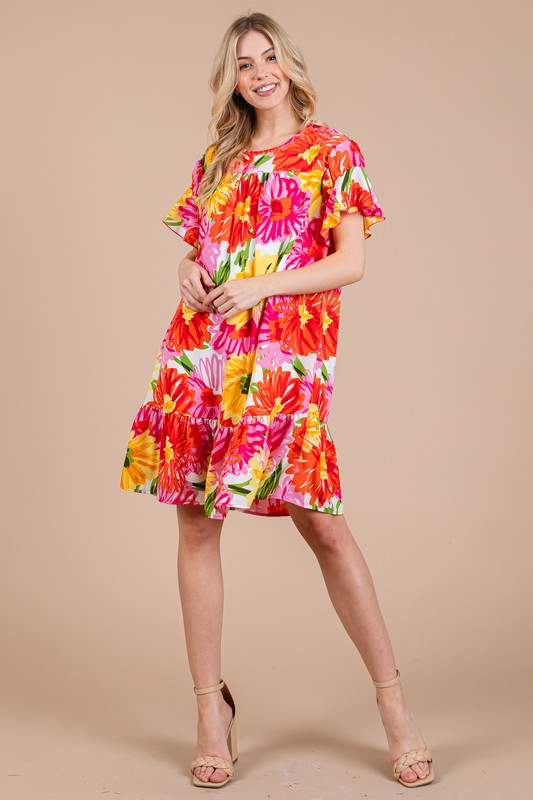 Floral Ruffled Short Sleeve Dress Ces Femme